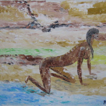 Malerei mit dem Titel "lionne-sur-la-plage…" von Bertrand Domin, Original-Kunstwerk, Öl