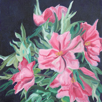 Painting titled "Pivoines roses" by Dominika Lehocka, Original Artwork, Oil Mounted on Wood Stretcher frame