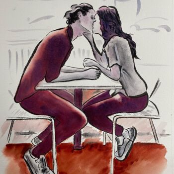 Painting titled "baiser tendre" by Dominique Cointrel, Original Artwork, Watercolor