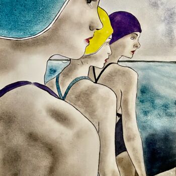 Картина под названием "Swimmers" - Dominique Cointrel, Подлинное произведение искусства, Акварель
