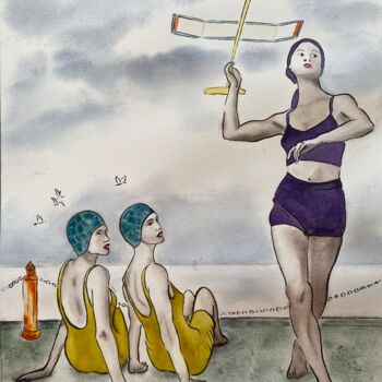 Painting titled "Baigneuses au bord…" by Dominique Cointrel, Original Artwork, Watercolor