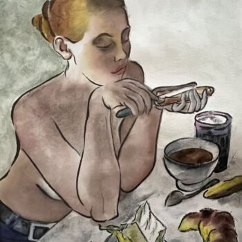 Painting titled "Tartines et chocolat" by Dominique Cointrel, Original Artwork, Watercolor