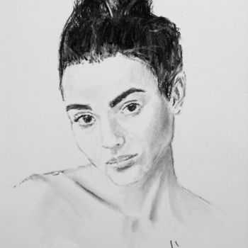 Drawing titled "Olya at Home" by Dominique Dève, Original Artwork, Charcoal