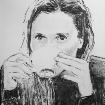 Drawing titled "Coffee break" by Dominique Dève, Original Artwork, Charcoal