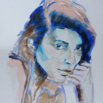 Painting titled "Portrait in Blue" by Dominique Dève, Original Artwork, Watercolor