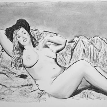 Drawing titled "Odalisque With A Hat" by Dominique Dève, Original Artwork, Charcoal