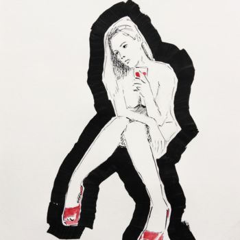 Drawing titled "The Red Shoes" by Dominique Dève, Original Artwork, Ink