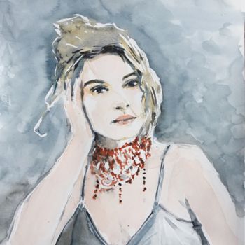 Painting titled "The Red Necklace" by Dominique Dève, Original Artwork, Watercolor