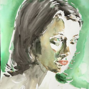 Malerei mit dem Titel "Woman In Green" von Dominique Dève, Original-Kunstwerk, Aquarell