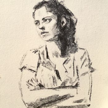 Drawing titled "By The Window" by Dominique Dève, Original Artwork, Charcoal