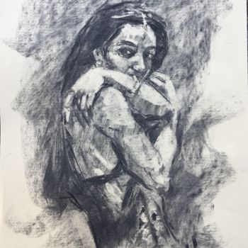 Drawing titled "Shy" by Dominique Dève, Original Artwork, Charcoal