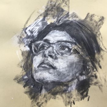 Drawing titled "Woman WithGlasses" by Dominique Dève, Original Artwork, Charcoal