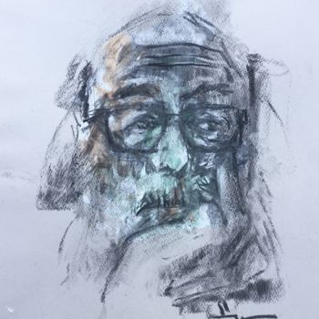 Drawing titled "Old Man With Glasses" by Dominique Dève, Original Artwork, Charcoal