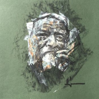 Drawing titled "Old Man Smoking" by Dominique Dève, Original Artwork, Charcoal