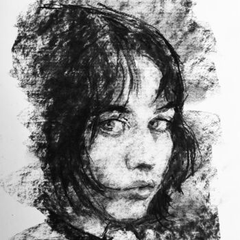 Drawing titled "Presque Cachée" by Dominique Dève, Original Artwork, Charcoal