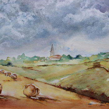 Pintura intitulada "La moisson" por Dominique Hernandez, Obras de arte originais, Aquarela