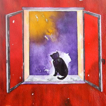 Schilderij getiteld "Chat à la fenêtre" door Dominique Hernandez, Origineel Kunstwerk, Aquarel