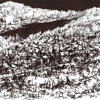 Drawing titled "Paysage, lac noir" by Dominique Leblanc, Original Artwork, Ink