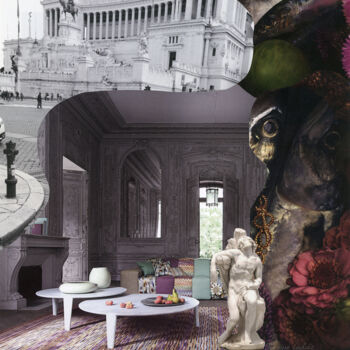 Collages getiteld "Week-end à Rome" door Dominique Loukidis, Origineel Kunstwerk, Collages Gemonteerd op Frame voor houten b…