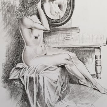 Drawing titled "Séance coiffure" by Dominique Obry, Original Artwork, Charcoal