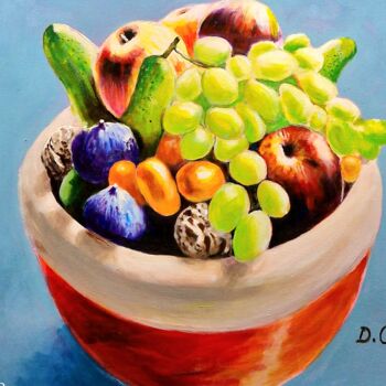 Malerei mit dem Titel "La coupe de fruits" von Dominique Obry, Original-Kunstwerk, Acryl
