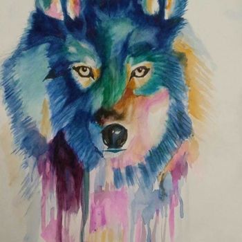 Painting titled "Loup bleu" by Dominique Obry, Original Artwork, Watercolor
