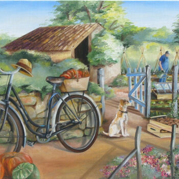 Ζωγραφική με τίτλο "Le vélo du jardinier" από Dominique Pineau, Αυθεντικά έργα τέχνης, Λάδι