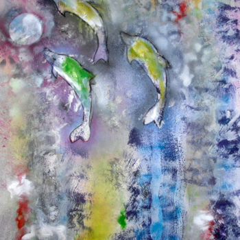 Картина под названием "Trois dauphins à la…" - Dominique Bertrand, Подлинное произведение искусства