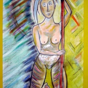 Painting titled "NUE  AU BATON" by Dominique Bertrand, Original Artwork, Acrylic Mounted on Cardboard