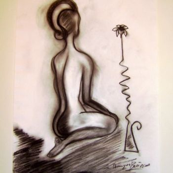Painting titled "Femme et fleur" by Dominique Bertrand, Original Artwork, Charcoal Mounted on Other rigid panel