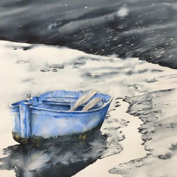Painting titled "barque bleue" by Dominique Ramaud, Original Artwork, Watercolor