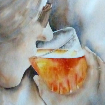 Painting titled "verre de bière" by Dominique Ramaud, Original Artwork, Watercolor