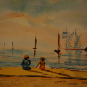 Painting titled "ENFANTS SUR UN QUAI" by Dominique Thivollier, Original Artwork, Oil