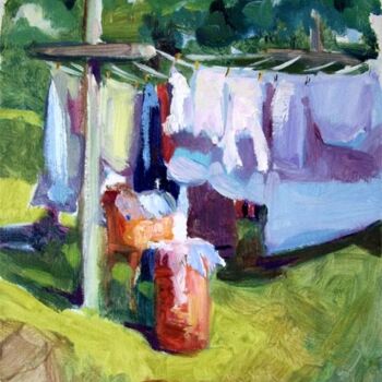 Painting titled "Laundry" by Don Bourret, Original Artwork, Oil