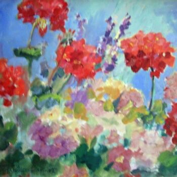 Painting titled "Geraniums" by Don Bourret, Original Artwork, Oil