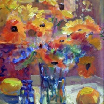Painting titled "Orange Flowers" by Don Bourret, Original Artwork, Oil