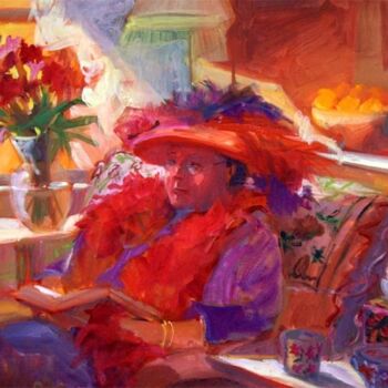 Painting titled "Red Hat Lady" by Don Bourret, Original Artwork, Oil