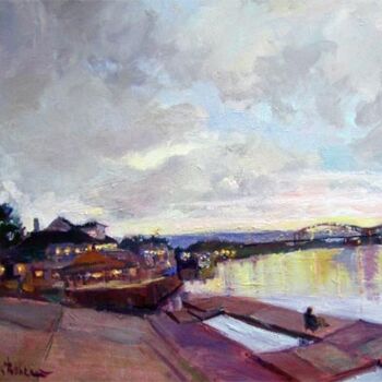 Painting titled "Harbor Park At Dusk" by Don Bourret, Original Artwork, Oil