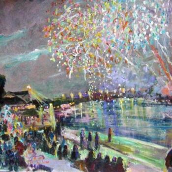 Painting titled "Fireworks At Harbor…" by Don Bourret, Original Artwork, Oil