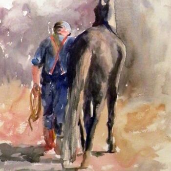 Schilderij getiteld "Man & Horse" door Don Bourret, Origineel Kunstwerk, Olie