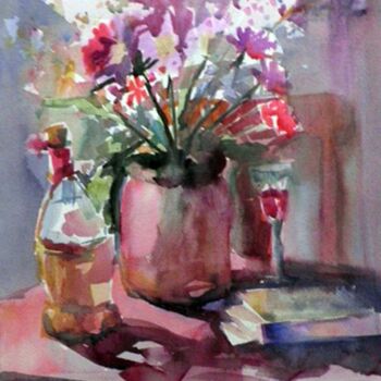 Картина под названием "Florals With Wine" - Don Bourret, Подлинное произведение искусства, Масло
