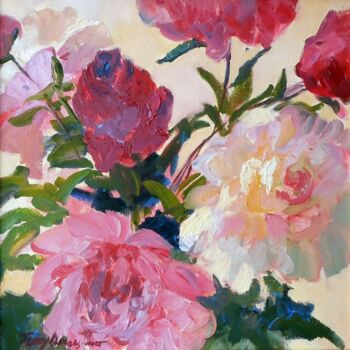 Painting titled "Peonies II" by Don Bourret, Original Artwork, Oil