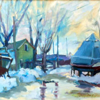 Painting titled "Docked In Winter" by Don Bourret, Original Artwork, Oil