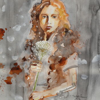 Pittura intitolato "Lady with flower" da Donatella Marraoni, Opera d'arte originale, Acquarello