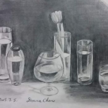 Painting titled "Glasses" by Mei Ha Chan (Donna), Original Artwork, Charcoal Mounted on Wood Panel