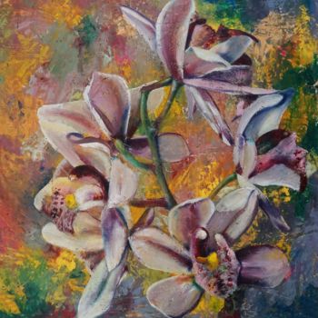Schilderij getiteld "Orchid II." door Dora Stork, Origineel Kunstwerk, Was Gemonteerd op Houten paneel