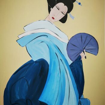 Painting titled "Geisha bleue" by Dorothée Fayard, Original Artwork, Acrylic Mounted on Wood Stretcher frame