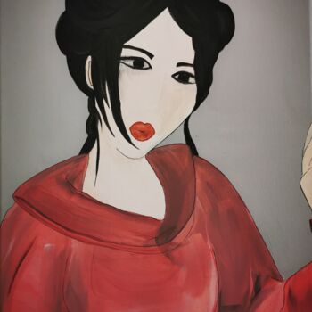 Schilderij getiteld "Geisha rose" door Dorothée Fayard, Origineel Kunstwerk, Acryl Gemonteerd op Frame voor houten brancard