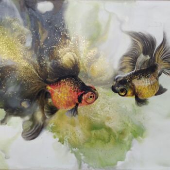 Painting titled "Ink Splash Goldfish" by Doudou Huang, Original Artwork, Lacquer