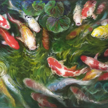 Painting titled "The koi" by Doudou Huang, Original Artwork, Pigments